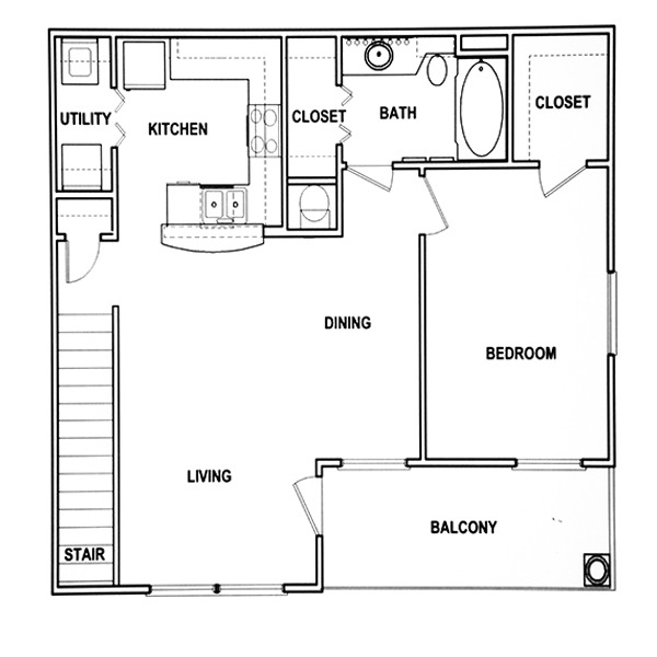 floor plan of standard upstairs one bedroom apartment